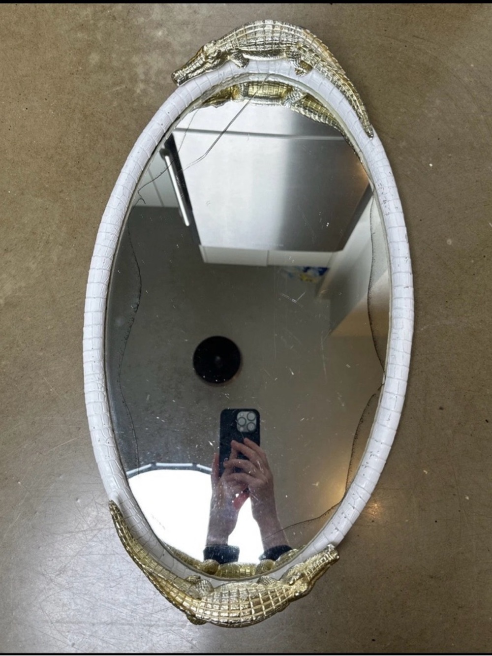 Oval White Croc-Texture Mirror Tray with Gold Crocodile Accents